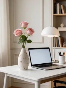 Ceramic vase detail, modern artistic desktop flower arrangement with elegant pink roses.