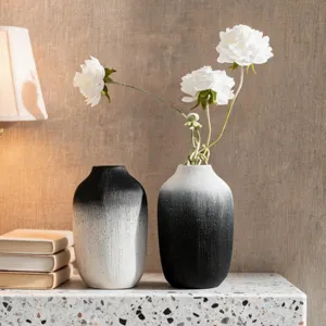 Minimalist black and white gradient resin vase set for home decor, modern wabi-sabi style.