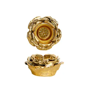 Brûleur d'encens lotus en céramique dorée, diffuseur d'arôme floral pour décoration élégante.