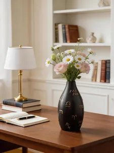 Modern black ceramic flower vase with golden astrological symbols for home tabletop decor.