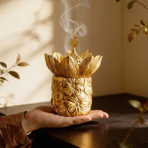 Golden lotus incense burner cone holder handheld aromatic metal pot for home decor spa relaxing