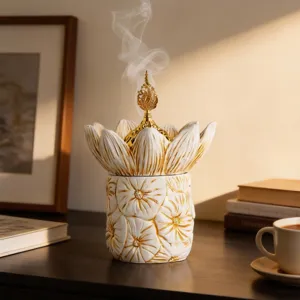 Arabic style lotus incense burner gold white ceramic tower incense cone holder home decor