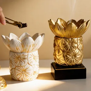 Middle Eastern golden lotus incense burner ceramic aromatherapy cone holder home decor main image