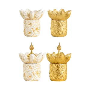 Middle Eastern Arabian flower incense burner holder, gold white ceramic aroma jar set main