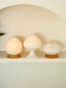 3D printed hollow white LED lamp set with wooden base minimalist home decor table art