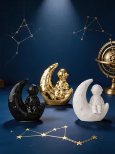Ceramic astronaut moon figurine detail shot, creative desktop decoration ornament, 3 colors.
