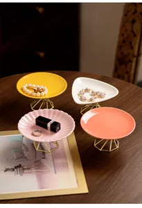Modern minimalist multi-color ceramic jewelry display tray with metal high stand for desktop decor.