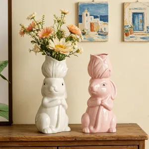 Easter Bunny Rabbit Ceramic Flower Vase Cute Animal Art Ornament Modern Minimalist Desktop Flower Container Home Decor
