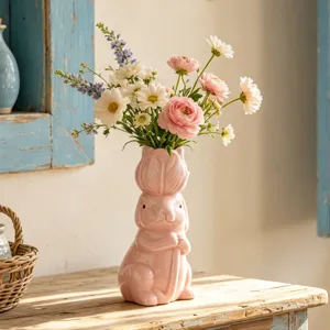 Cute pink ceramic rabbit flower vase cute animal art home decor tabletop ornament