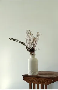 Vue détaillée d'un vase en céramique blanche minimaliste nordique avec des fleurs séchées.