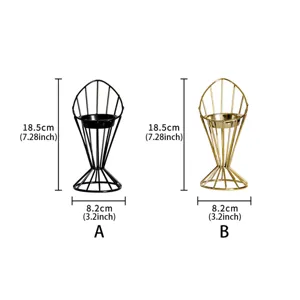 Detail view of modern minimalist metal candle holder with geometric design and precise size.