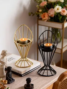 Modern geometric metal candle holder detail view, elegant minimalist tealight base for home decor
