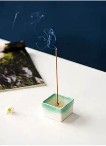 Mini square ceramic incense burner with gradient green and white finish for sticks.