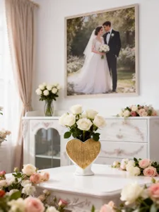 Heart-shaped ceramic vase detail showing the luxurious gold accent and white roses arrangement.