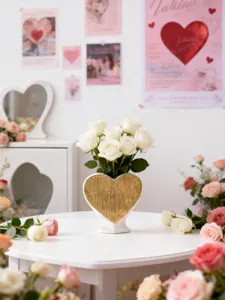 Romantic heart shaped ceramic vase with gold texture finish, elegant home decor flower holder.