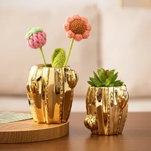 Moderno Minimalista Chapado en Oro Cerámica Cactus Florero Abstracto Planta Maceta Creativo Mesa Decoración Adorno