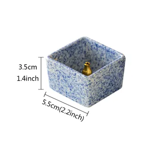 Mini square ceramic incense burner with blue speckled glaze and brass gourd holder size 5.5cm.