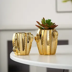 Juego de florero de cactus de cerámica dorada, elegante maceta de mesa para decoración.