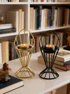 Modern minimalist metal candle holder set in gold and black geometric tealight base decor