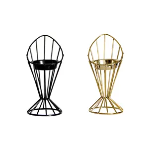Modern minimalist metal candle holder set, black and gold wireframe design for home decor.