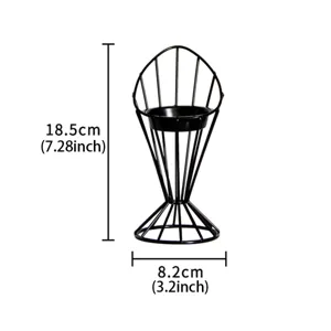 Minimalist black metal geometric candle holder detail showing height and base dimensions.