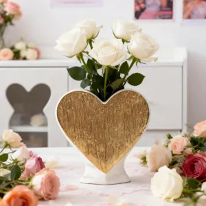 Romantic heart ceramic vase with gold finish, elegant home living room flower arrangement decor.