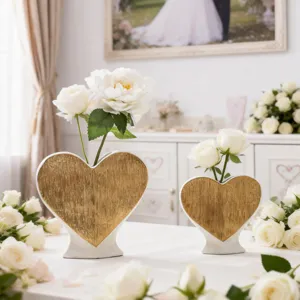 Heart shaped ceramic vase set, luxury gold and white home decor for living room fresh flowers.