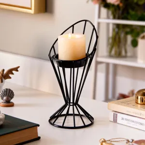 Modern minimalist black iron wire candle holder with pillar candle for home decor and gifts