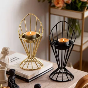 Modern minimalist metal tea light candle holders set, stylish geometric iron candle base.