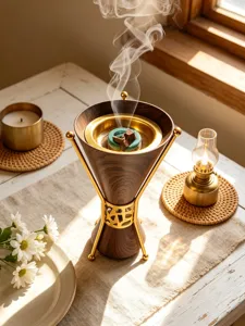 Arabic style wooden texture incense burner with metal stand, exquisite aroma diffuser for home decor.