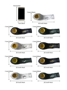 Details of Arabic calligraphy resin boat incense burner with dimensions and color options.