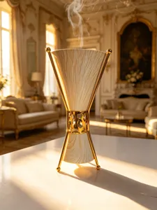 Luxury Arabic incense burner detail, gold metal stand with wood grain finish for home decor.