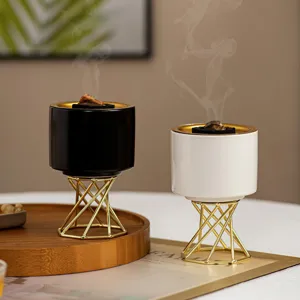 Modern Nordic Ceramic Incense Burner With Gold Metal Stand Tabletop Aromatherapy Decoration For Home Office
