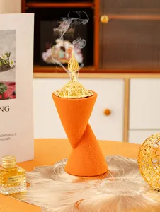 Double cone resin incense burner with golden hollow metal lid Arabic style desktop censer artifact