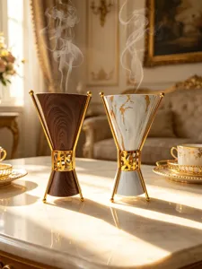 Luxury metal incense burner set with wooden and marble finish for elegant home indoor decor.