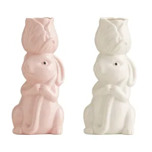 Ceramic rabbit flower vase cute bunny floral arrangement container home decor art ornament.