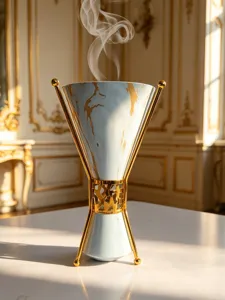 Middle Eastern Arabic luxury incense burner with gold metal stand and marble texture detail.