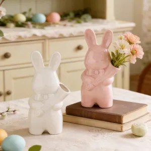 Florero de conejo ceramica Pascua lindo animal arte ornamento decoracion hogar mesa diseno