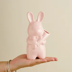 Florero de conejo de cerámica rosa conejito minimalista decoración linda para el hogar oficina