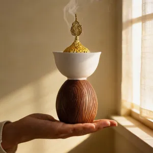 Quemador de incienso de tocón de madera creativo moderno con tapa de metal, decoración elegante.