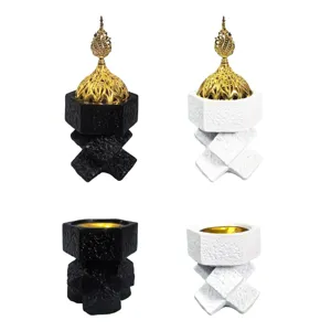 Middle Eastern Arabic resin incense burner with cross knot design and gold lid, home decor.