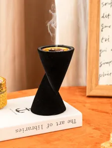 Double cone resin incense burner for aromatherapy, modern black geometric art ornament tabletop decor.
