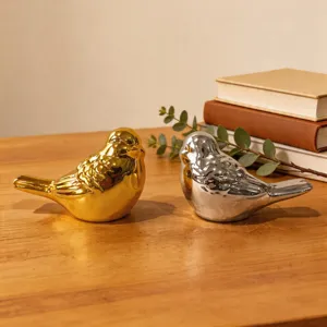 Ceramic little bird desktop ornament set, cute gold and silver home art decoration.
