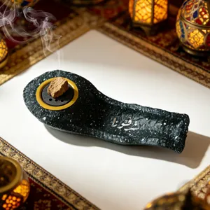 Exquisite Arabic calligraphy resin incense burner, flat boat shaped home desktop decor