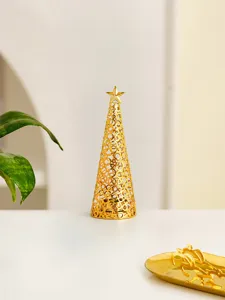 Gold metal hollow Christmas tree candle holder for holiday home wedding table decor detail view.