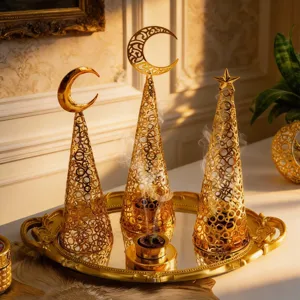 Gouden holle metalen wierookbrander set, Midden-Oosterse bureau aromatherapie decoratie.