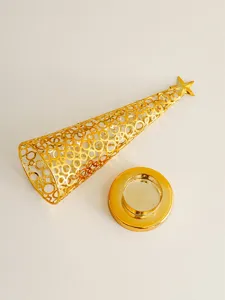 Exquisite gold metal hollow Christmas tree candle holder detail view, elegant festive decor.