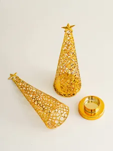 Gold metal Christmas tree candle holder detailed view, hollow mesh design tealight stand.