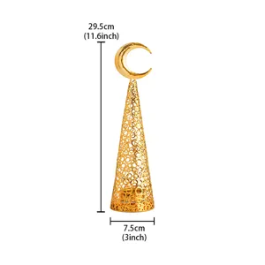 Gold metal Christmas tree candle holder detailed view with moon top and hollow design 29.5cm