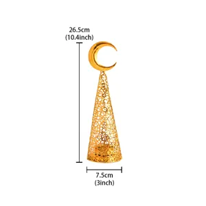 Gold metal conical candle holder detail, hollow mesh pattern with moon top for festive decor.
